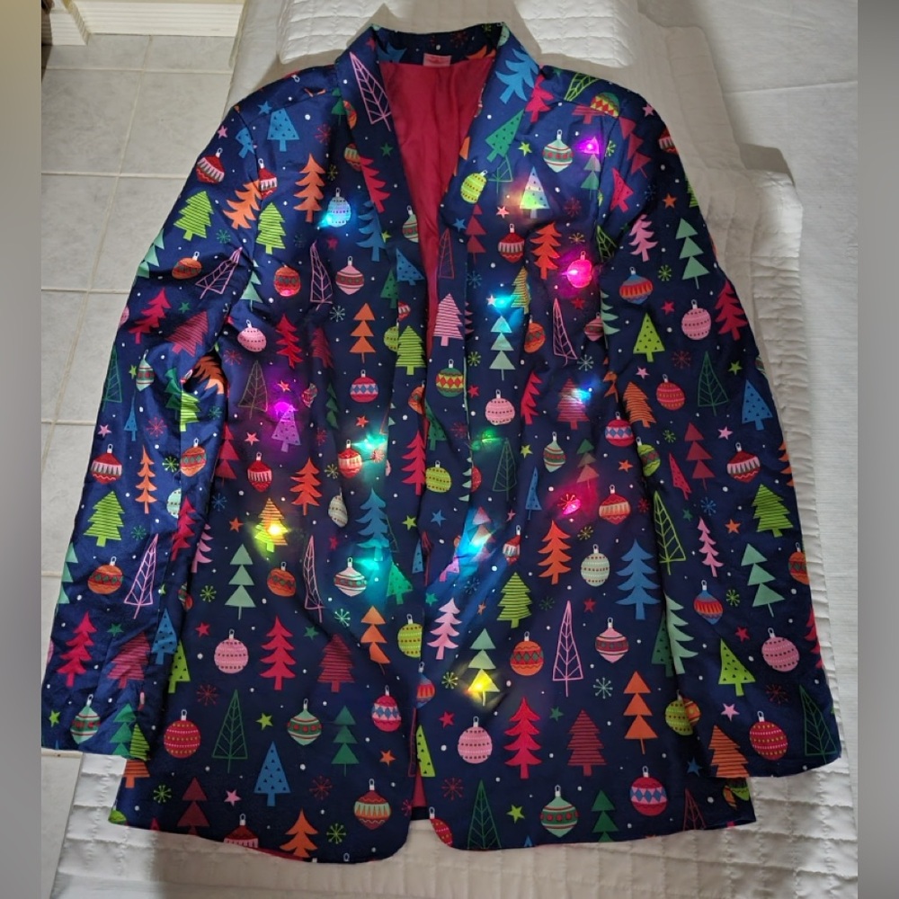 Holiday Time Light Up Womens S Blue Christmas Tree Ornaments Holiday Suit Blazer